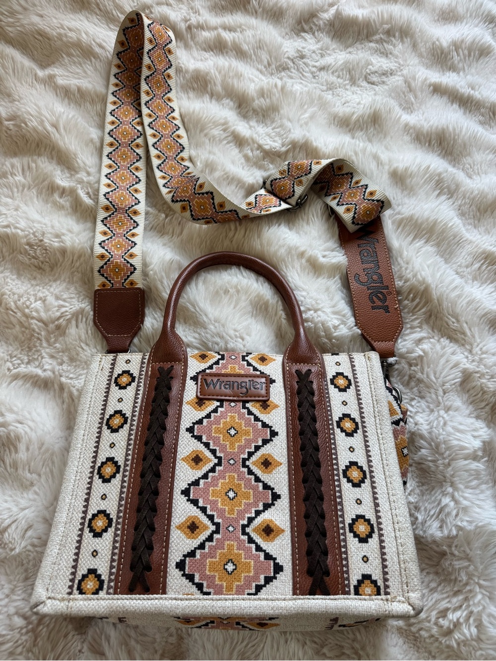 Wrangler Cream, Brown & Pink Southwestern Crossbody Satchel